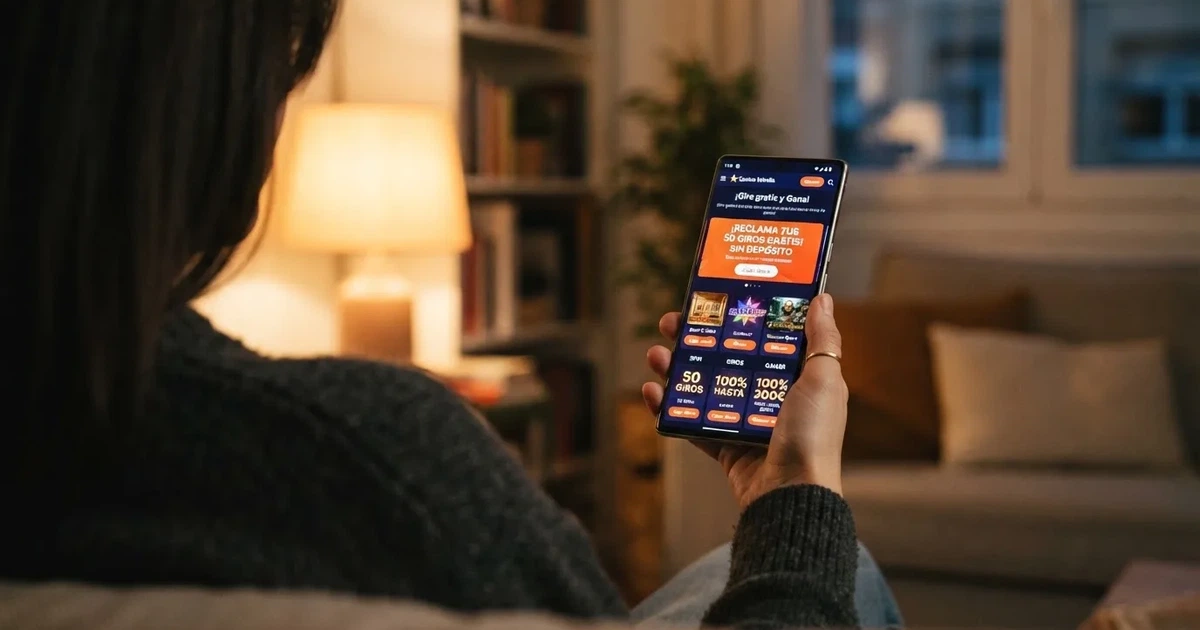 Un jugador consulta en la pantalla de un móvil una lista de ofertas de giros gratis con iconos de tragaperras y el texto «sin depósito» destacado en una notificación