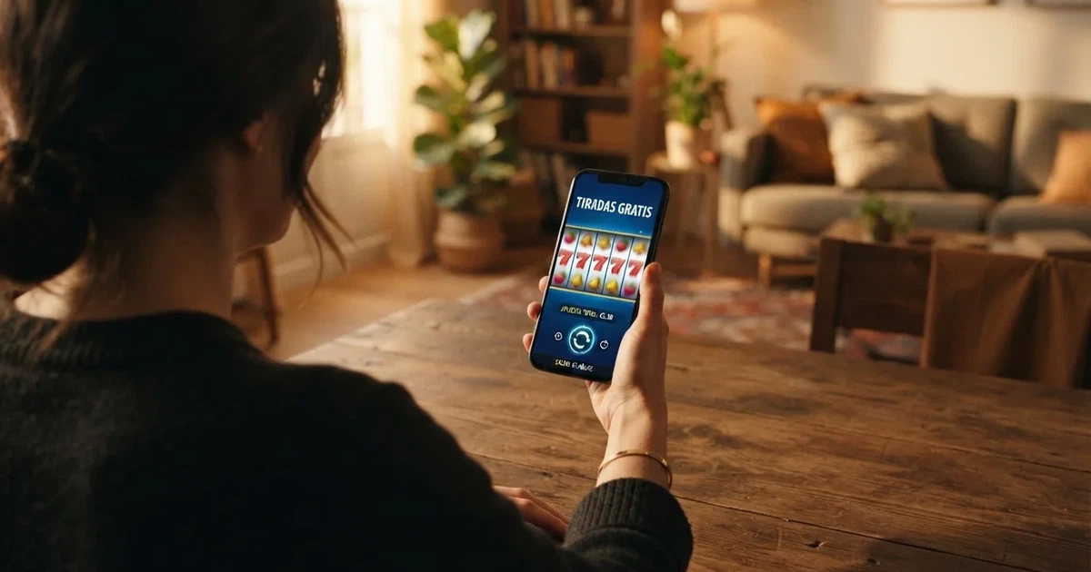 Un jugador con el móvil en la mano mirando una pantalla que muestra varias tragaperras de casino con el texto «tiradas gratis» visible en la interfaz