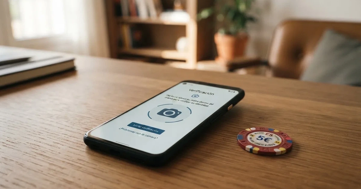 Primer plano de un teléfono móvil mostrando la pantalla de verificación de identidad de un casino con un billete de 5 euros apoyado junto al dispositivo, sobre un escritorio con luz natural