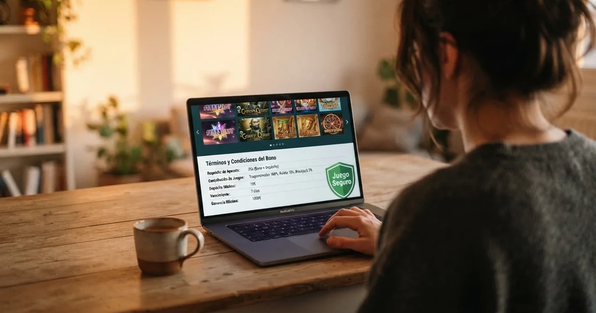 Jugador consultando las condiciones de un bono sin depósito en la pantalla de un casino online español con el sello de Juego Seguro visible