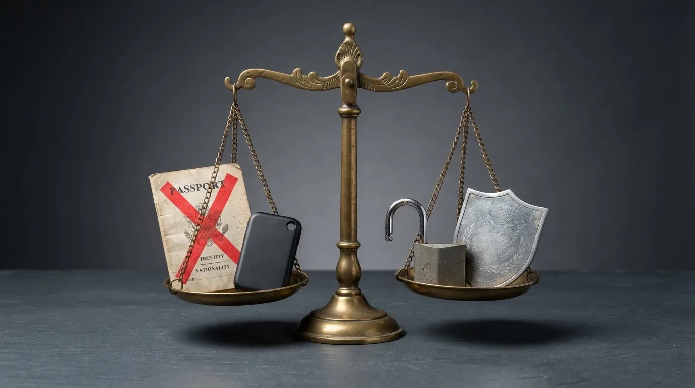 Una balanza conceptual: en un platillo un documento de identidad tachado y una cartera de criptomonedas; en el otro, un candado roto y un escudo de protección de consumidor apagado