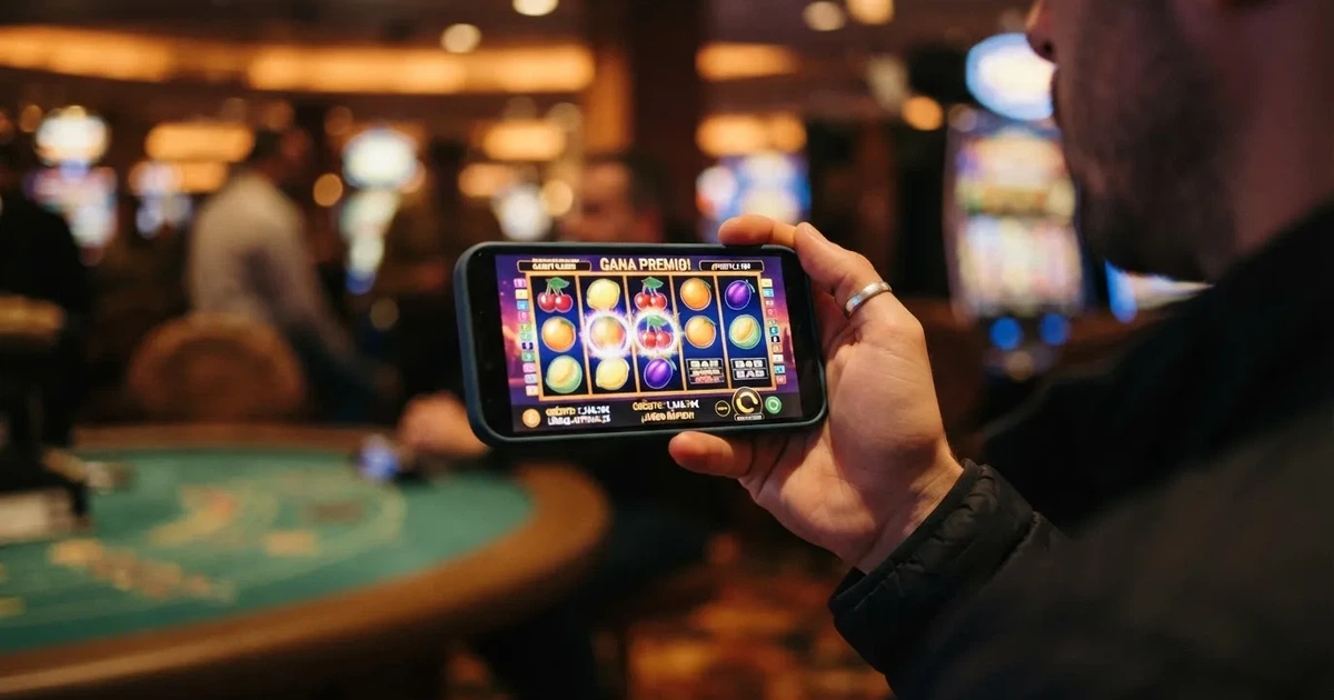 Un teléfono móvil mostrando en pantalla una tragaperras de casino con rodillos girando, sostenido por una mano sobre un fondo que sugiere un entorno de juego regulado