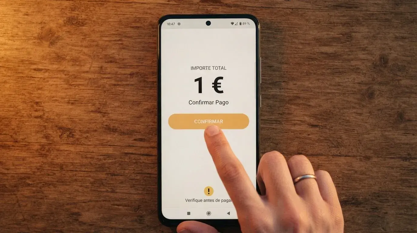 La pantalla de un teléfono móvil con la aplicación de Bizum abierta mostrando una transacción de 1 euro a un casino online y un mensaje de advertencia sobre la retirada