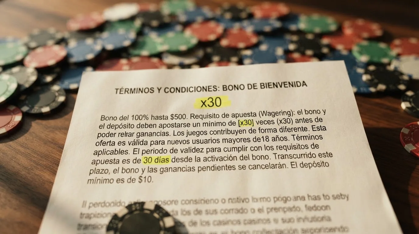 Un detalle de los términos de un bono de bienvenida con el requisito de apuesta y la validez subrayados sobre un fondo de fichas de casino