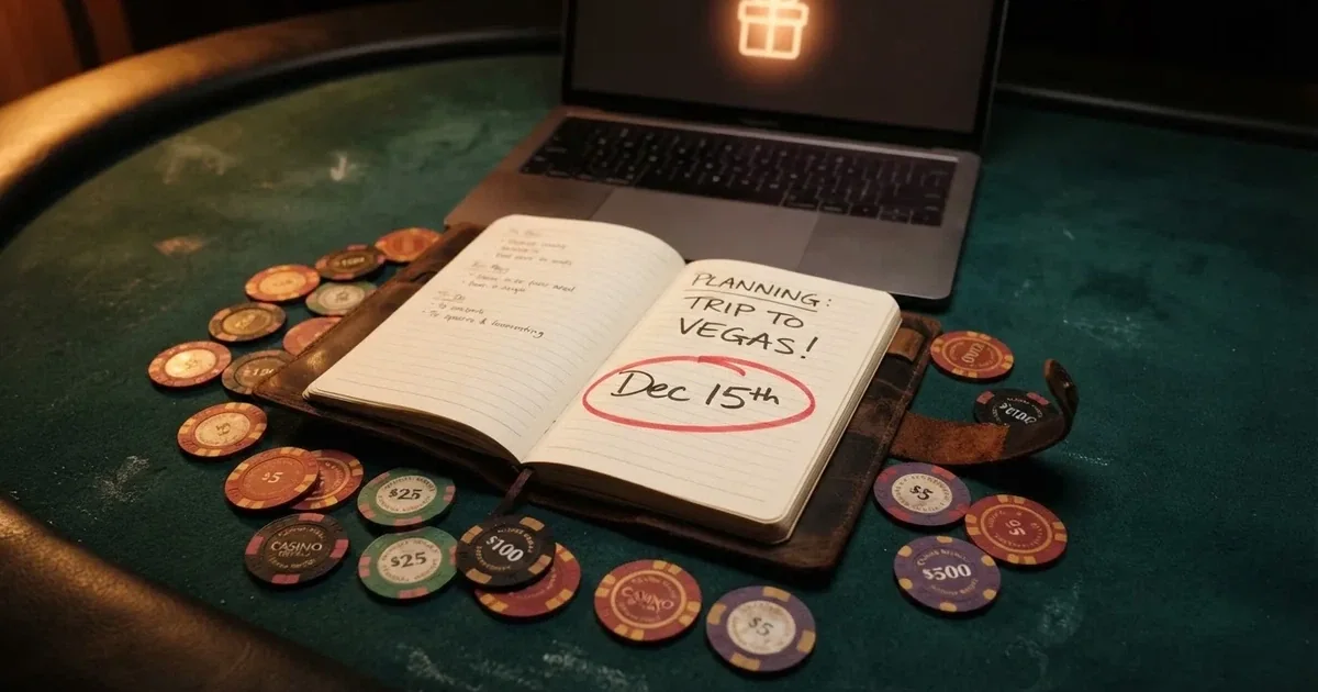 Un calendario con la fecha de cumpleaños marcada en un círculo, apoyado sobre una mesa de juego con fichas de casino, y una pantalla de ordenador mostrando el icono de un regalo digital
