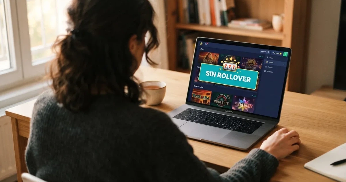 Jugador consultando las condiciones de un bono en la pantalla de un casino online español, con el texto 