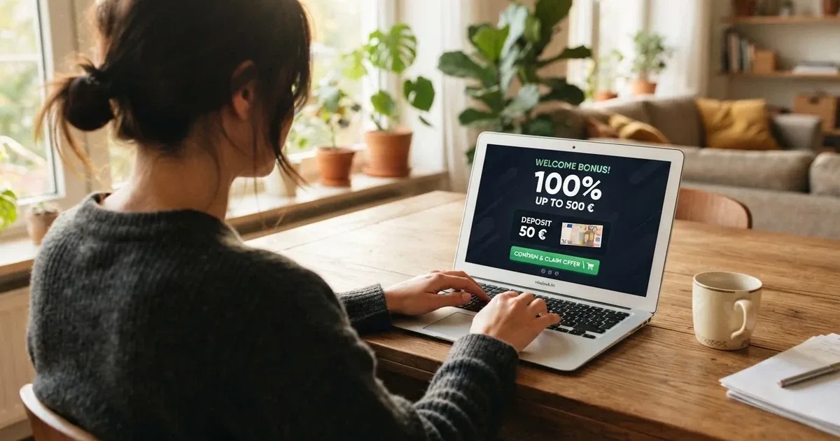 Jugador consultando una oferta de bono de bienvenida en la pantalla de un casino online con licencia española