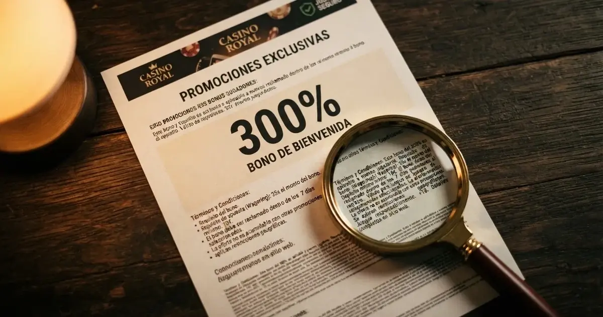 Una lupa sobre la letra pequeña de un bono de casino con el porcentaje 300% en grande