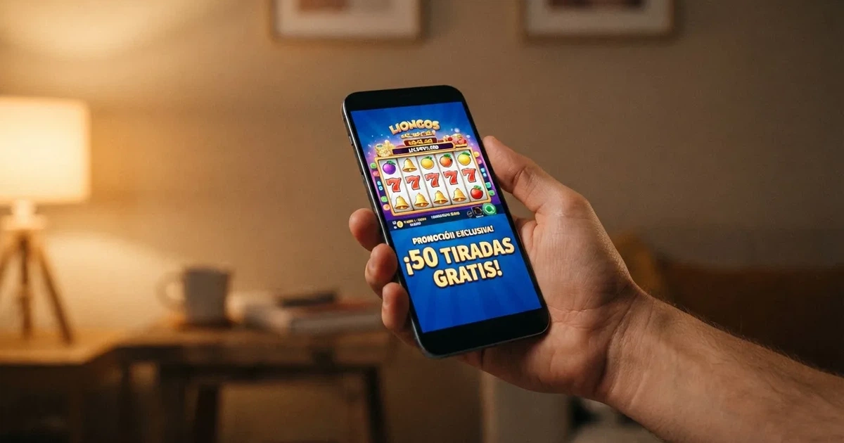 Una mano sostiene un móvil con la pantalla mostrando una tragaperras de casino y el texto promocional de tiradas gratis