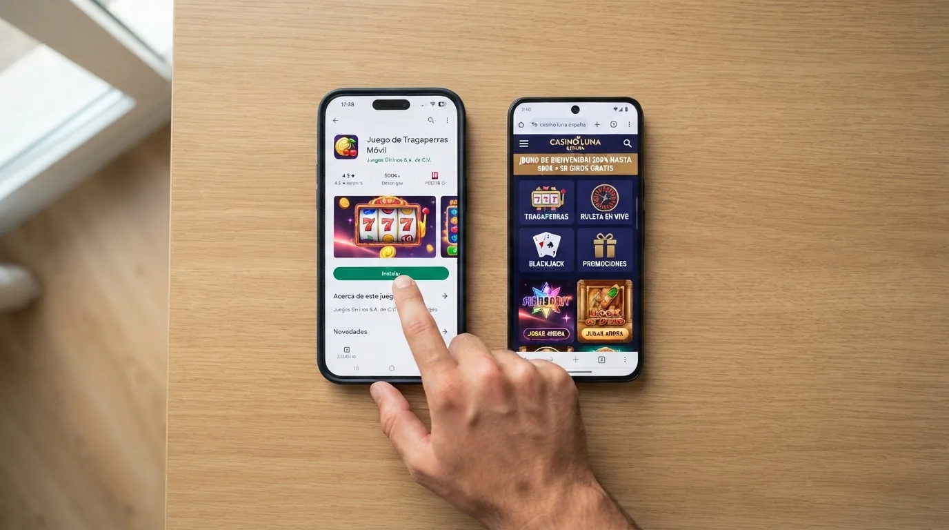 Una mano tocando el botón de instalación de una app de casino en la pantalla de un teléfono, junto a un segundo dispositivo con el navegador abierto en la web del mismo casino