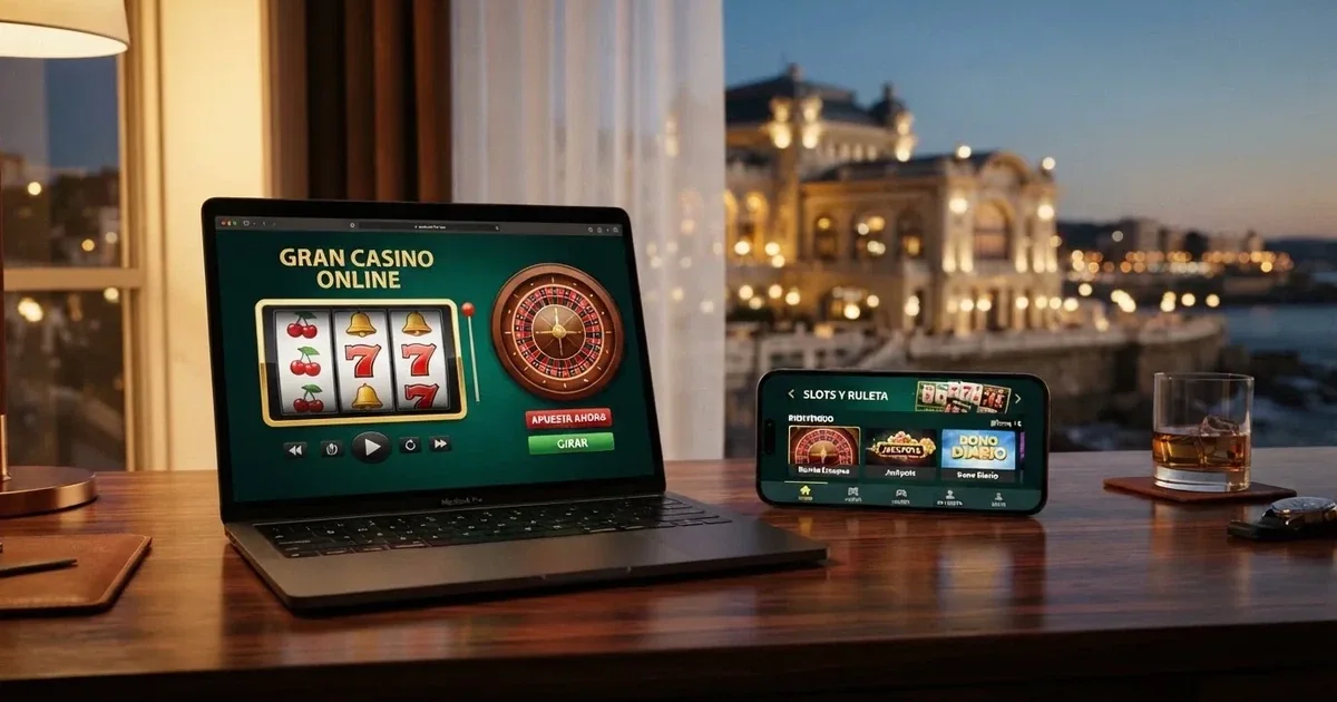 Portal de Casino Barcelona online en pantalla de ordenador y móvil, con el logotipo del operador y una vista del casino físico al fondo