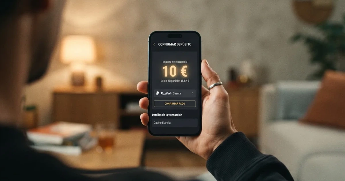Un jugador sostiene un teléfono móvil mostrando la pantalla de depósito de un casino online español con el importe de 10 euros resaltado