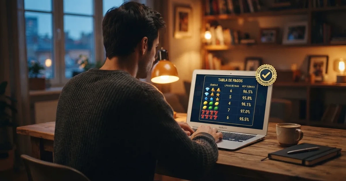 Un jugador consultando la ficha de RTP de una tragaperras en un casino online español con el sello DGOJ visible en pantalla