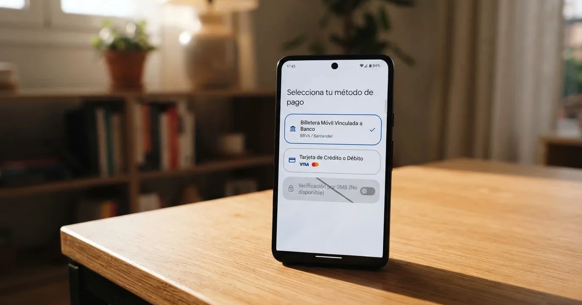 Un teléfono móvil mostrando la pantalla de métodos de pago de un casino online español, con Bizum y tarjeta bancaria como opciones visibles y el icono de SMS tachado o ausente