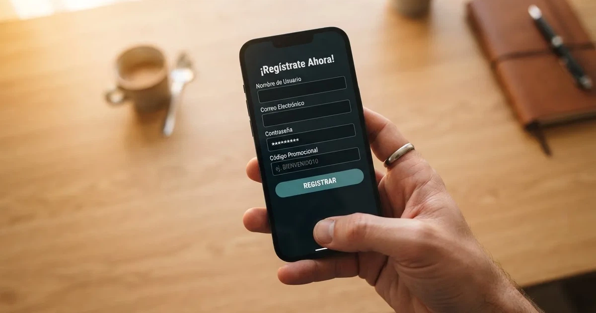 Mano sujetando un teléfono móvil con la pantalla mostrando la interfaz de inscripción de un casino online en español, con un campo de texto etiquetado «código promocional» visible en el formulario de registro