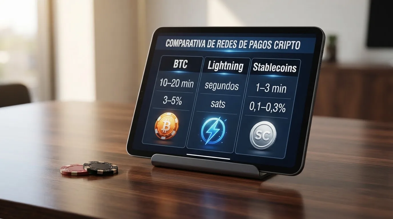Esquema visual con los tiempos de confirmación y las comisiones de red de bitcoin, Lightning Network y stablecoins sobre el fondo de una pantalla de casino