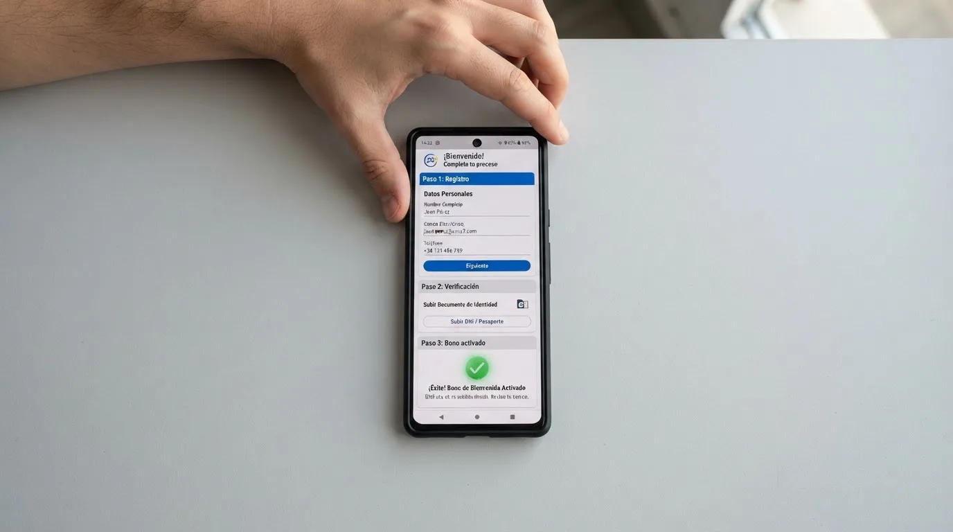 Secuencia de tres pasos: pantalla de registro, pantalla de verificación de identidad (KYC) y pantalla de confirmación de bono activado