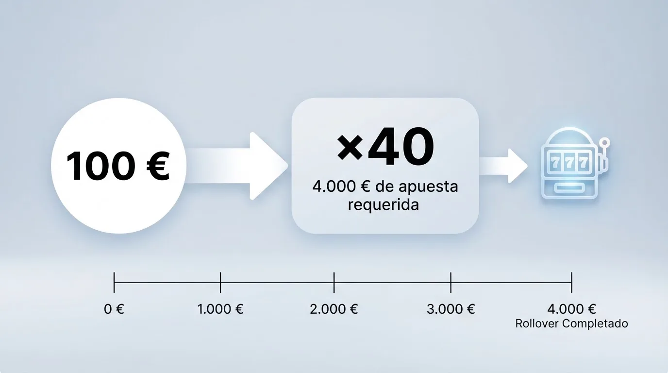 Esquema visual que muestra un bono de 100 € y el recorrido de apuesta de 4.000 € necesario para liberarlo con un rollover x40