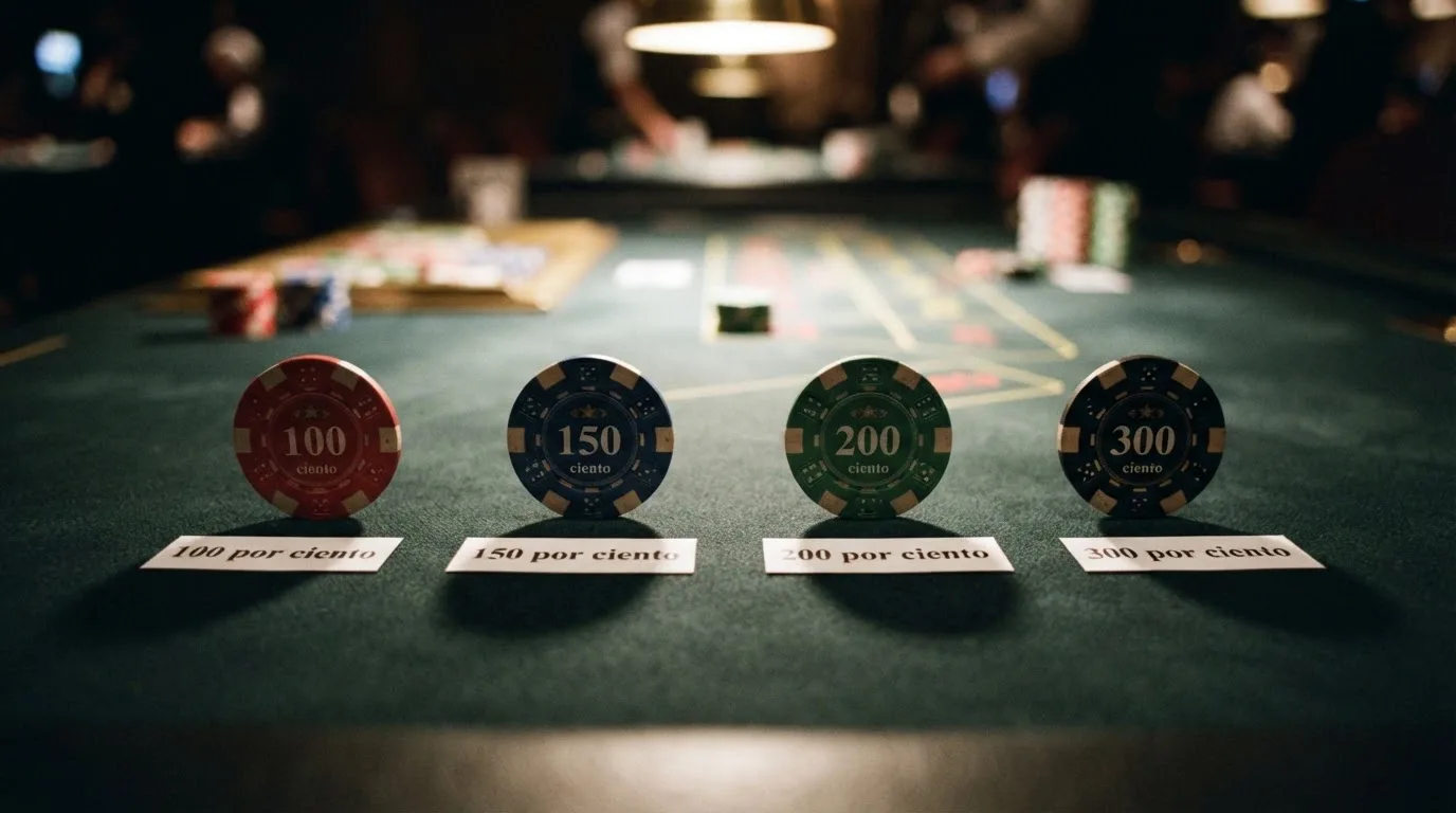 Varias fichas de casino alineadas con su porcentaje de bono y condiciones destacadas en cada una
