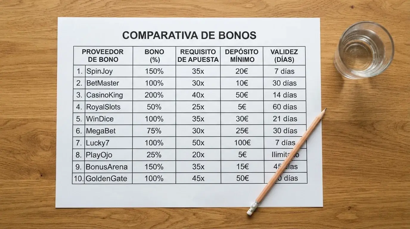 Una tabla comparativa con los logotipos de los diez operadores DGOJ analizados, ordenados por requisito de apuesta de menor a mayor