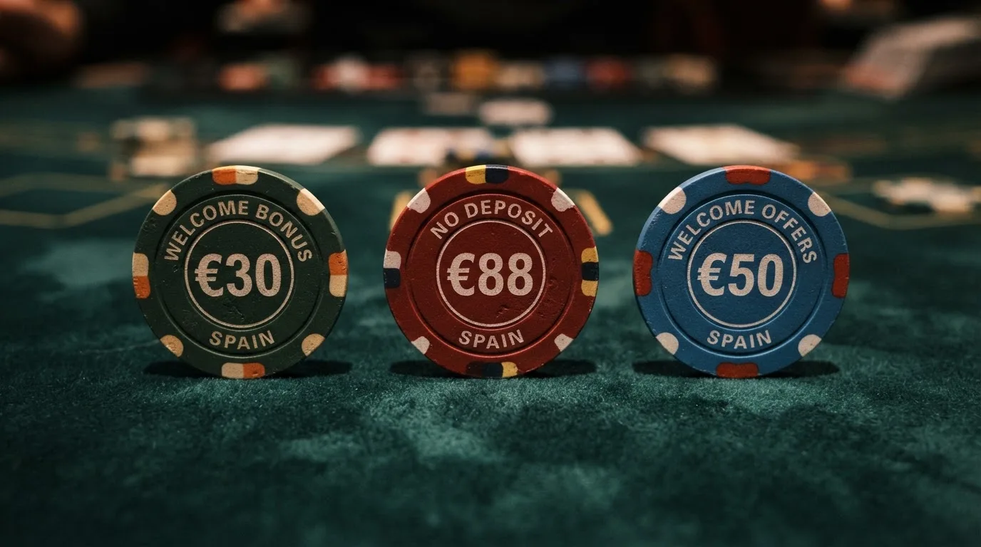 Varias fichas de casino dispuestas una al lado de otra con los datos clave de cada bono sin depósito: importe, rollover y ganancia máxima