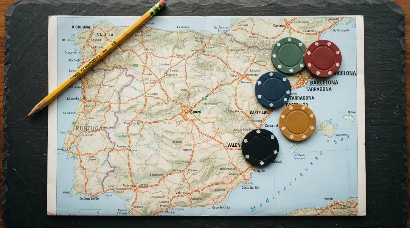 Tabla comparativa con fichas de casino y distintos valores de bono sobre un mapa de España