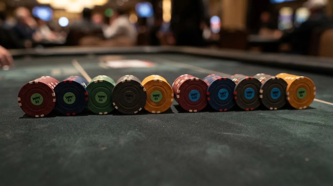 Una fila de fichas de casino, cada una con el nombre de un operador, divididas en dos grupos: unas con una etiqueta de «sin depósito» en verde y otras con «con depósito» en azul