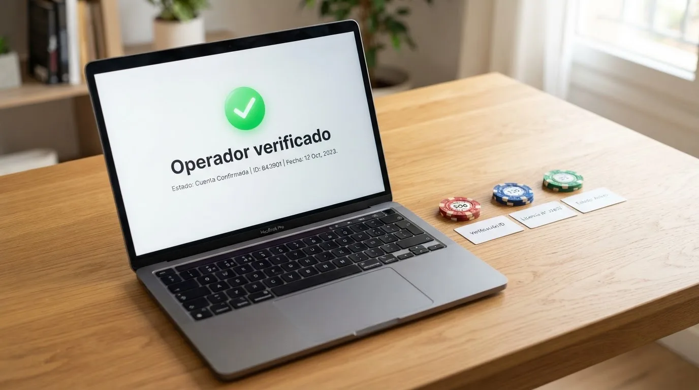 Interfaz de verificación de licencia DGOJ junto a fichas de casino con sus condiciones de giros gratis