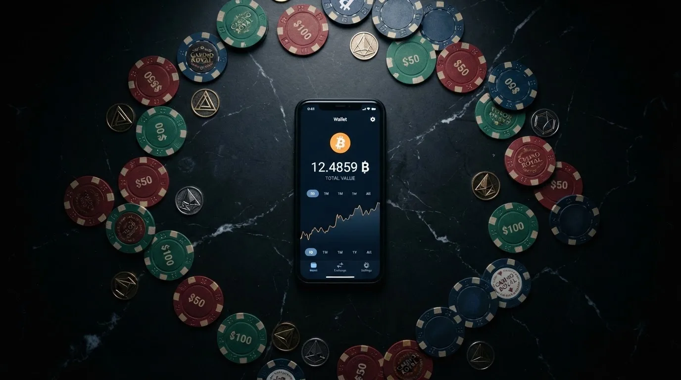 Una tabla comparativa con logotipos de criptomonedas y fichas de casino sobre un fondo oscuro