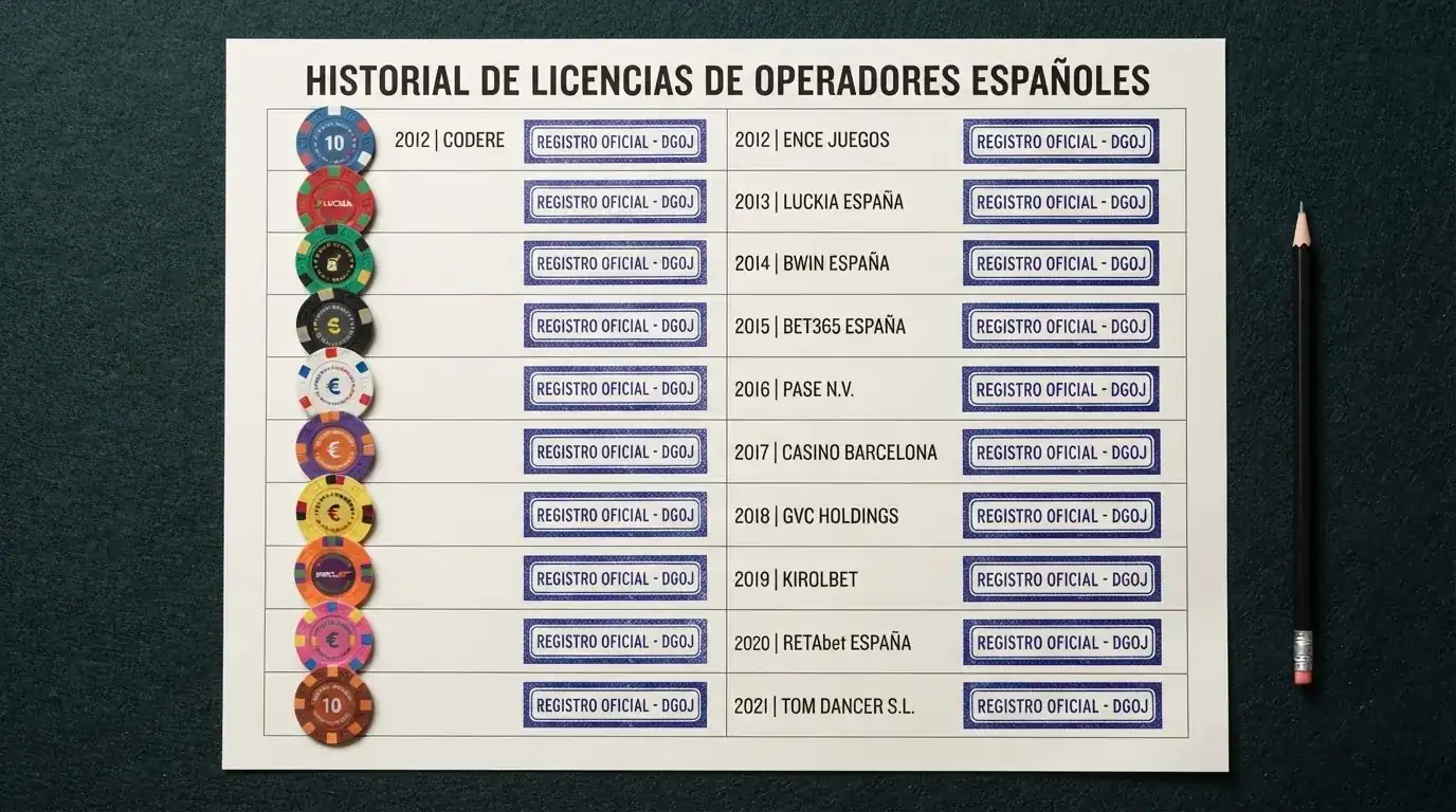 Una cuadrícula con los logotipos de los operadores con licencia DGOJ ordenados en filas, cada uno acompañado de un sello que indica su titular y el año de su licencia.