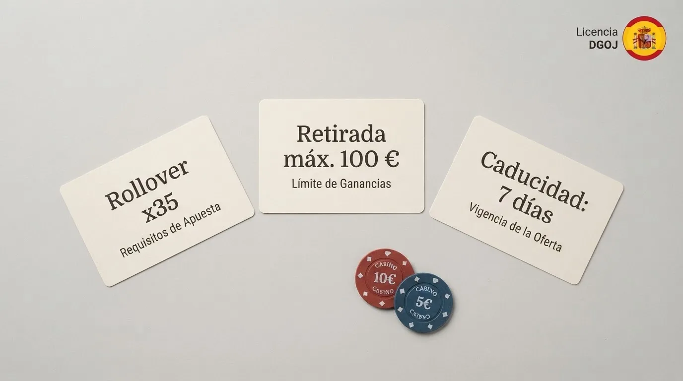 Una tabla comparativa con fichas de casino mostrando distintas condiciones: porcentajes de rollover, cifras de retirada máxima y plazos de caducidad, sobre un fondo limpio con la bandera de España en un sello de licencia
