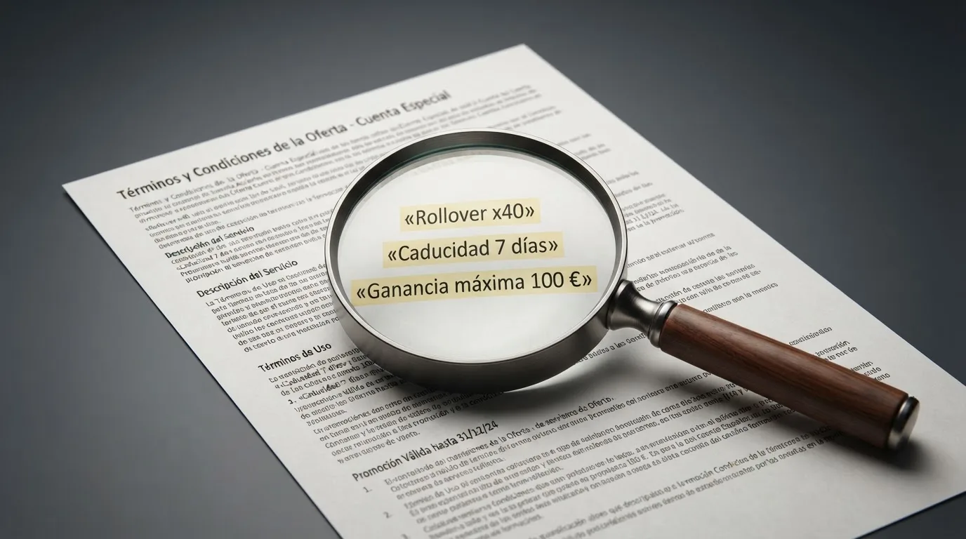 Una lupa sobre un documento de términos y condiciones donde se iluminan tres apartados: el porcentaje de rollover, la fecha de caducidad y el límite de ganancia máxima