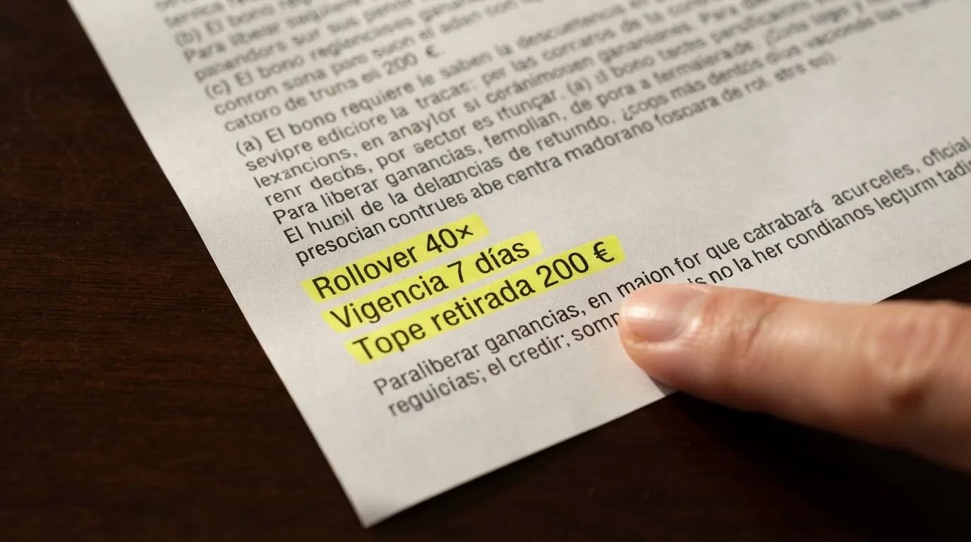Primer plano de los términos y condiciones de un bono sin depósito con las cifras de rollover, vigencia y tope de retirada resaltadas