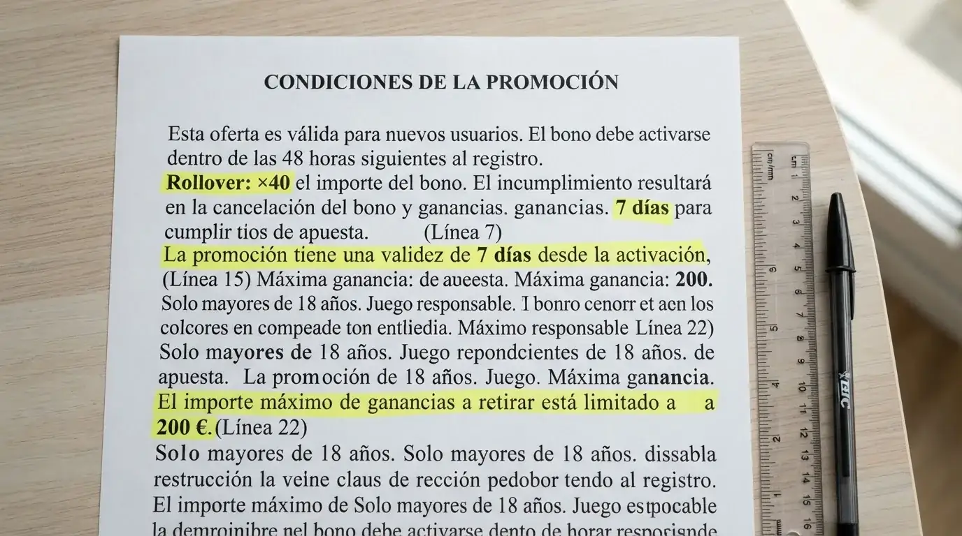 Primer plano de los términos y condiciones de una promoción sin depósito con las cifras de rollover, plazo y tope de retirada resaltadas