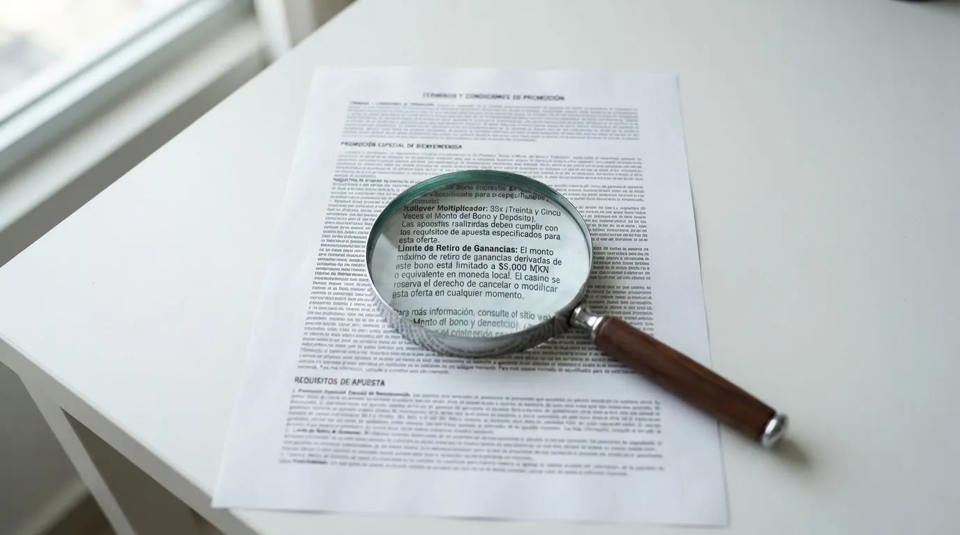 Primer plano de la letra pequeña de los términos de un bono de casino online español, con una lupa sobre las condiciones de rollover y retiro máximo
