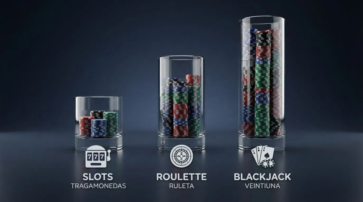 Tres columnas visuales que comparan el volumen de fichas necesario para liberar un bono de 5 € en tragaperras, ruleta y blackjack