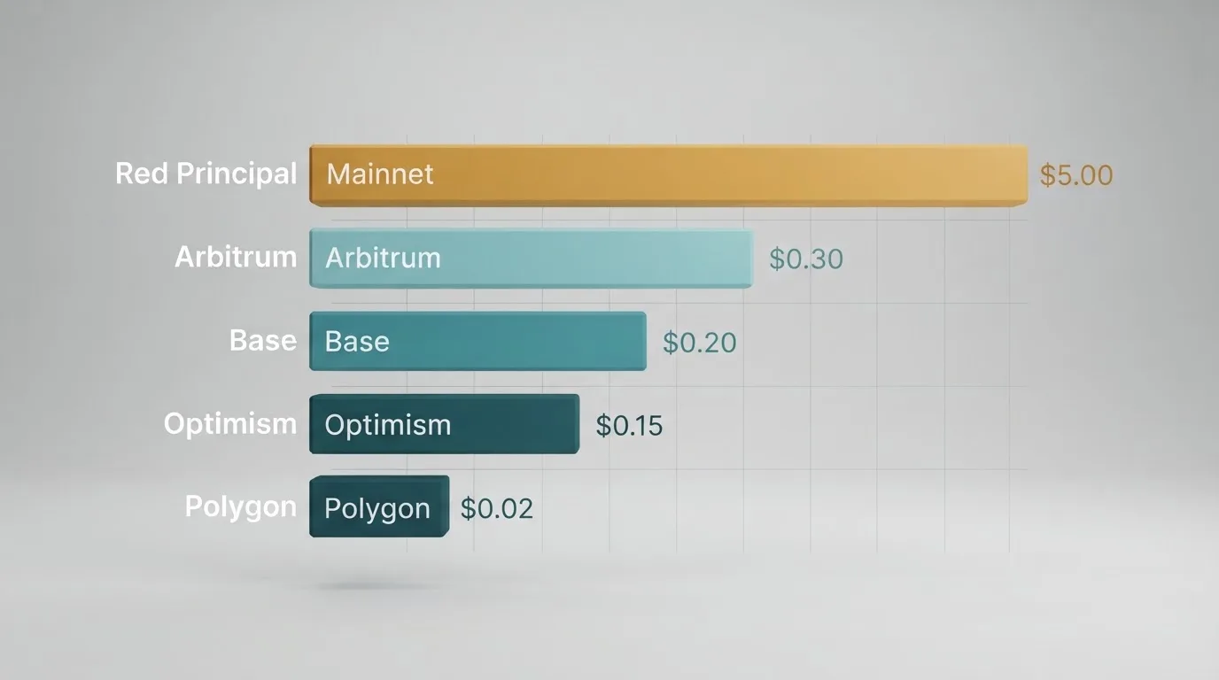 Gráfico comparativo de las cinco redes (Ethereum mainnet, Arbitrum, Base, Optimism y Polygon) con el coste en dólares de un depósito y de 100 apuestas en cada una