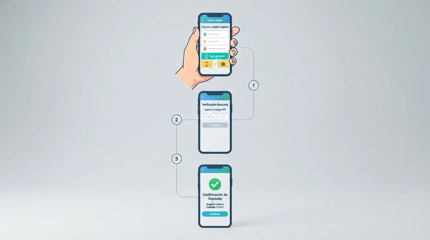Infografía de tres pasos: selección de pago por móvil en el cajero del casino, pantalla de verificación bancaria con código OTP, confirmación de depósito instantáneo en la cuenta de juego