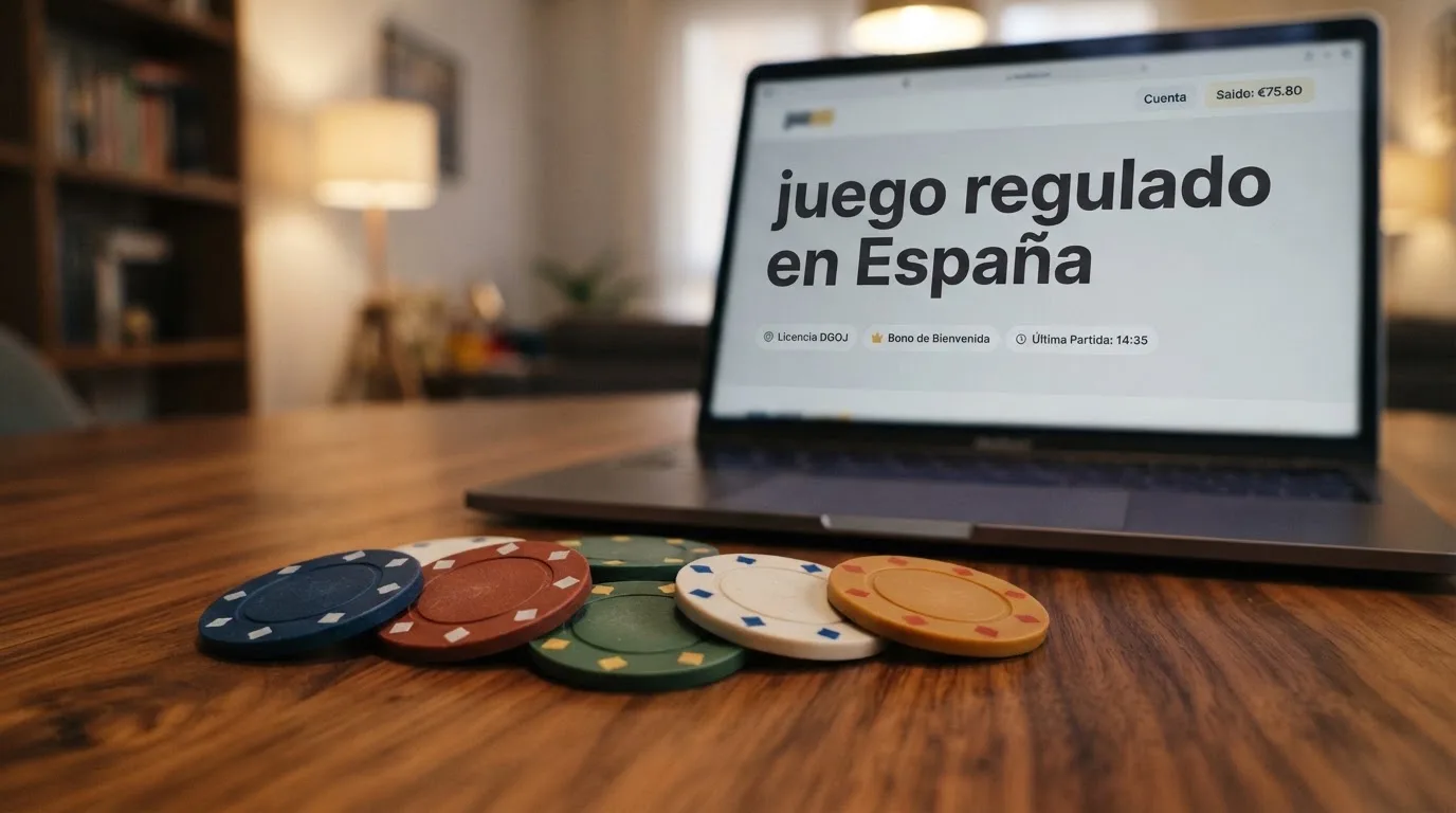 Una fila de fichas de casino con los colores de las salas de bingo, dispuestas delante de una pantalla que muestra el sello de la DGOJ y la frase «juego regulado en España»