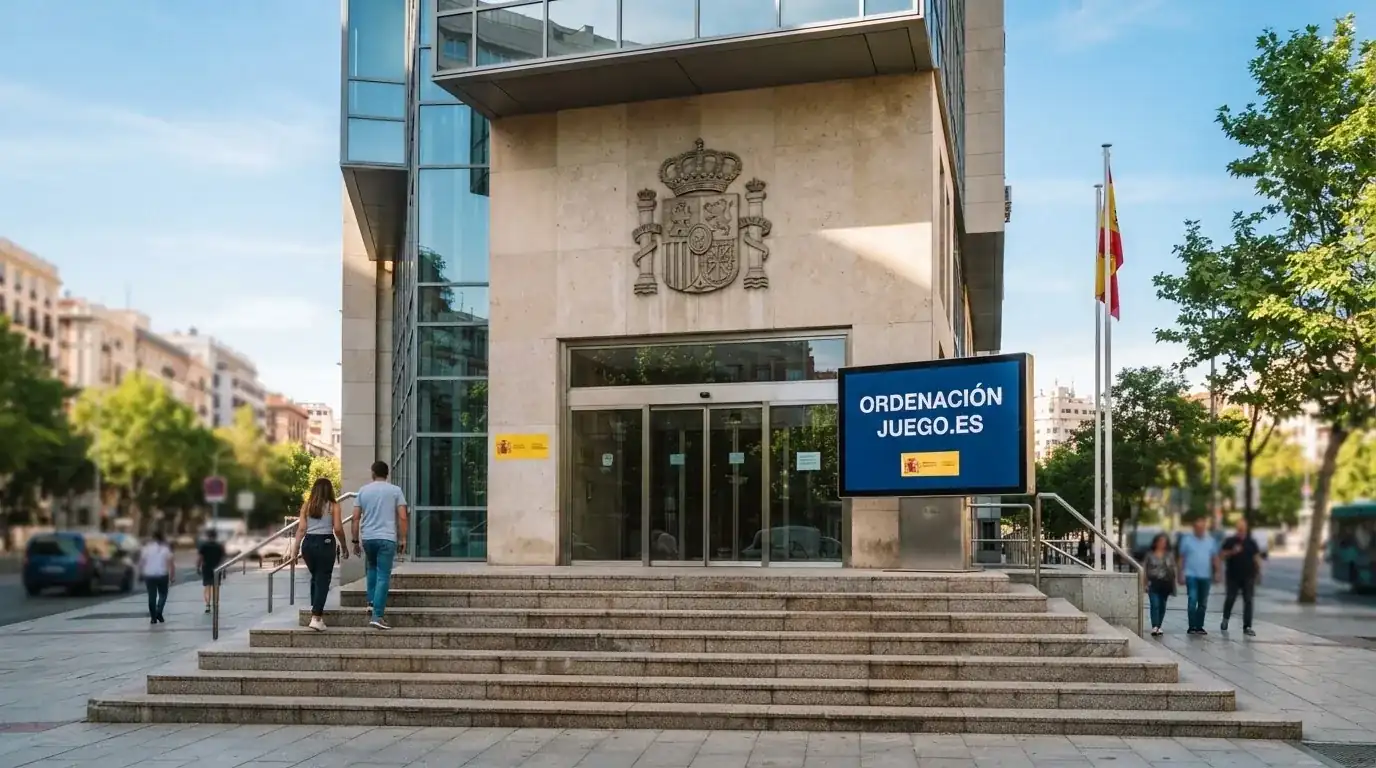 El edificio de la Dirección General de Ordenación del Juego en Madrid con el escudo oficial y la URL ordenacionjuego.es visible