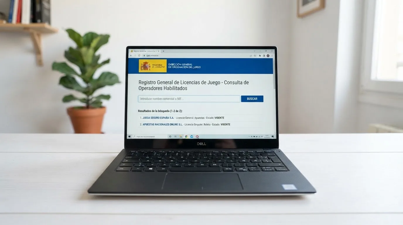 La página de consulta del registro oficial de licencias de la DGOJ en la pantalla de un ordenador, con el escudo institucional visible