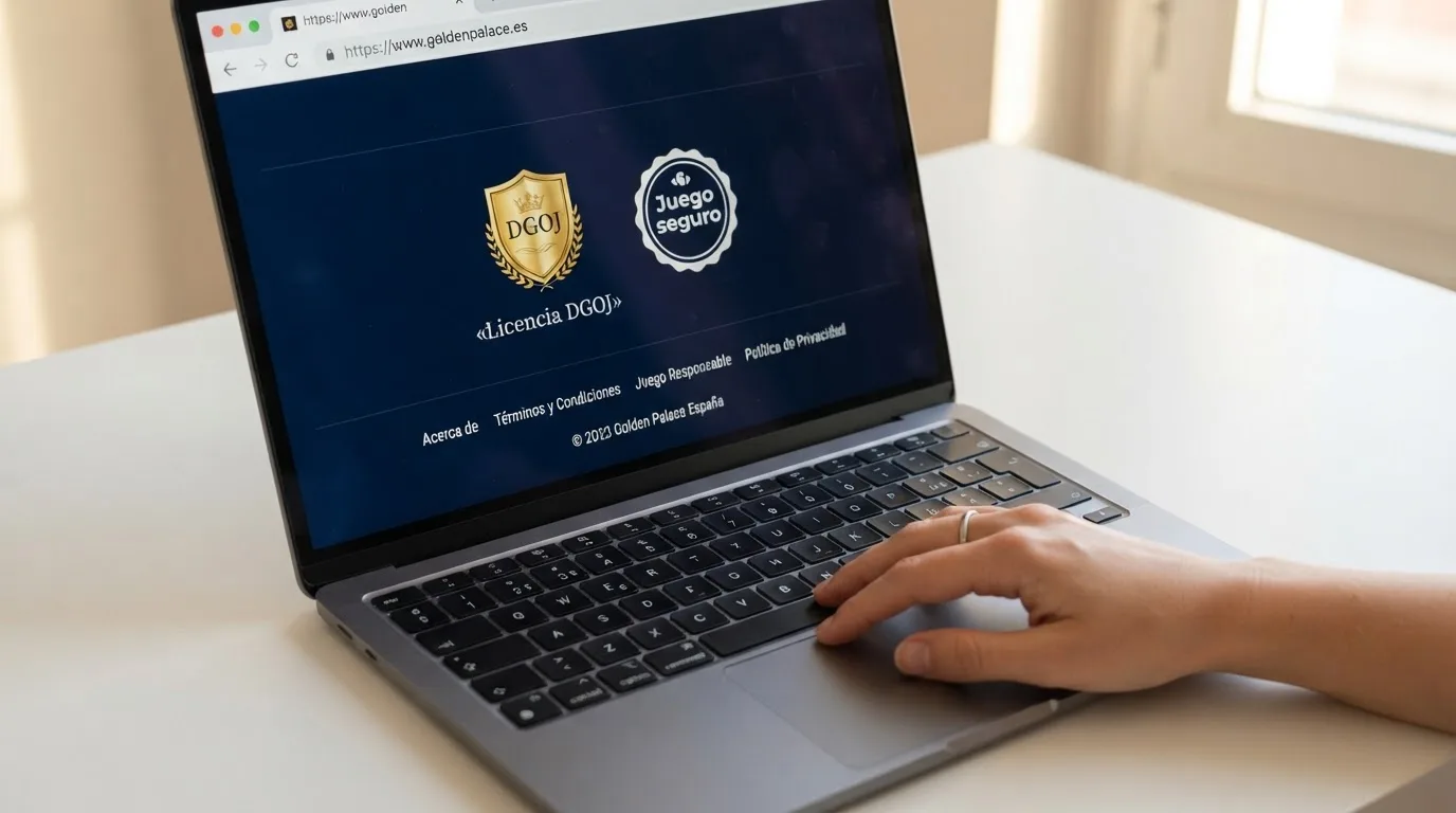 El pie de página de un casino online español mostrando el logotipo de la DGOJ y el dominio .es, con un sello de «Juego seguro» y el texto «Licencia DGOJ» resaltado en dorado sobre fondo azul corporativo