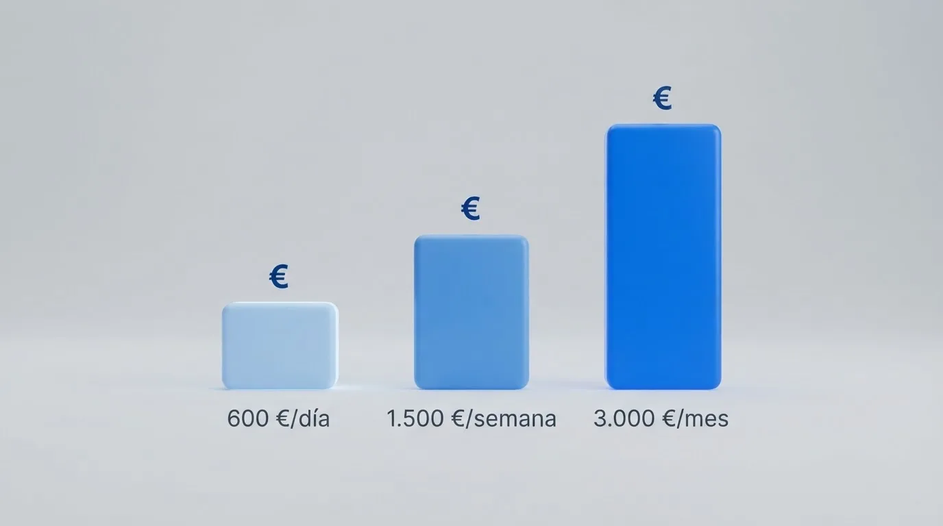 Representación visual de los tres tramos de límites de depósito por operador en España: 600 euros al día, 1.500 euros a la semana y 3.000 euros al mes