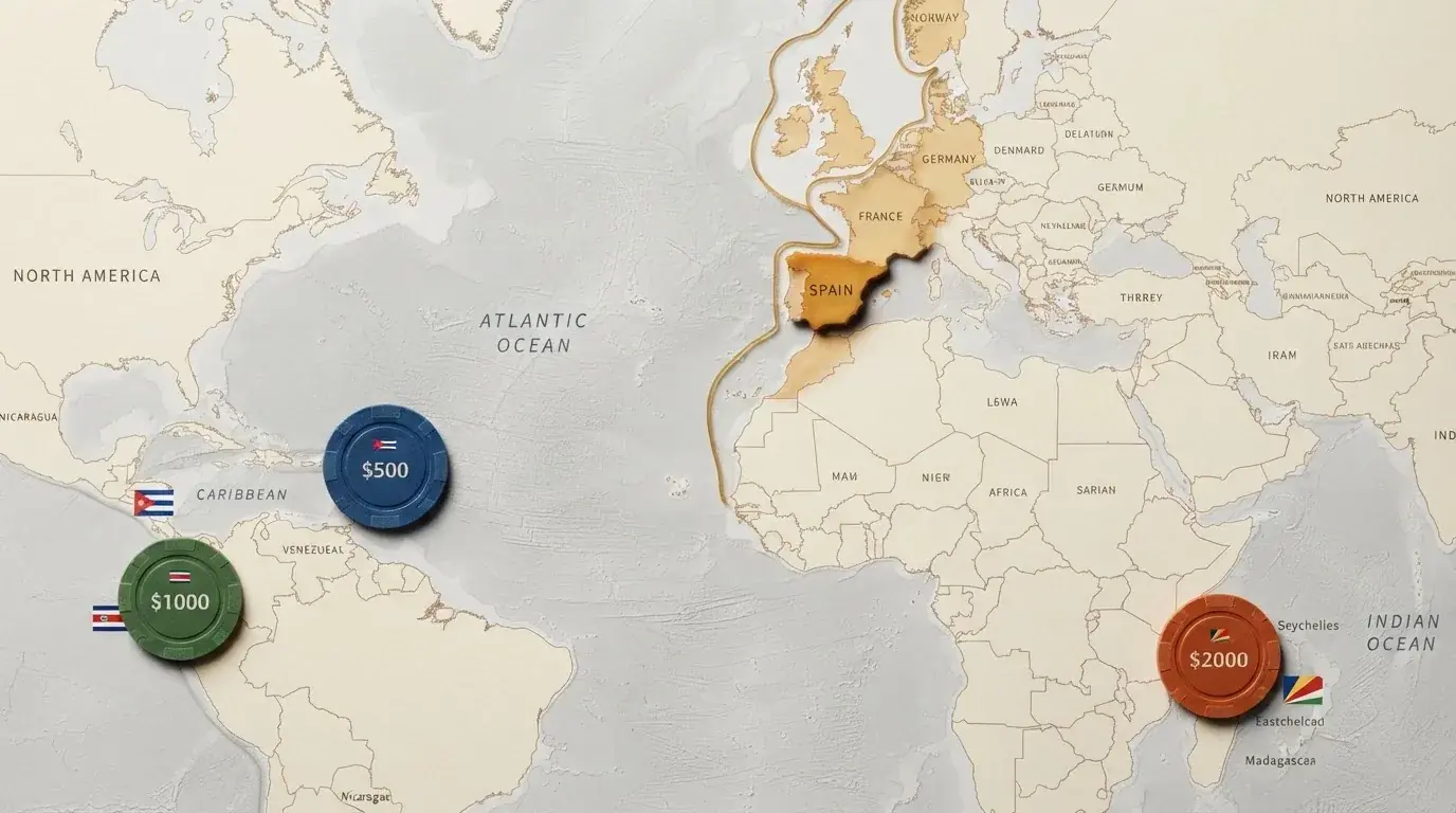 Tres fichas de casino alineadas sobre un mapa de Europa con España resaltada; cada ficha lleva la bandera de una jurisdicción offshore (Curaçao, Costa Rica, Anjouan) y las tres quedan fuera del perímetro marcado como DGOJ