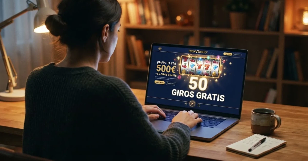 Pantalla de un casino online con una promoción de giros gratis destacada en la página de bienvenida