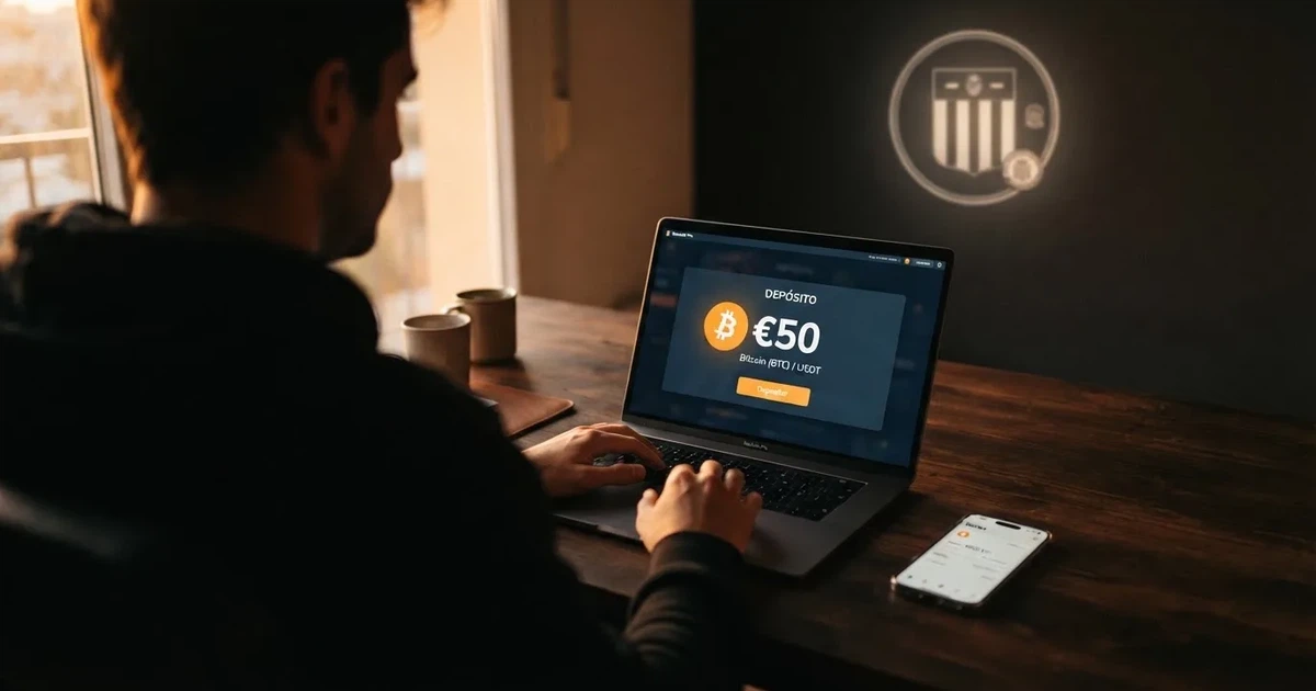 Interfaz de un casino online mostrando la opción de depósito con bitcoin junto a una cartera digital y el logotipo de la DGOJ en segundo plano