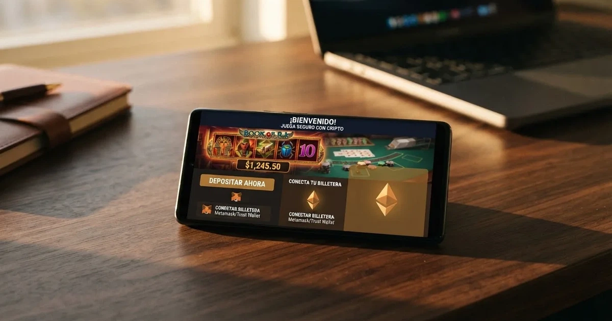 Pantalla de un casino online con la opción de depósito en Ethereum (ETH) visible junto a una wallet MetaMask, con la bandera de España y el símbolo de ETH en la interfaz