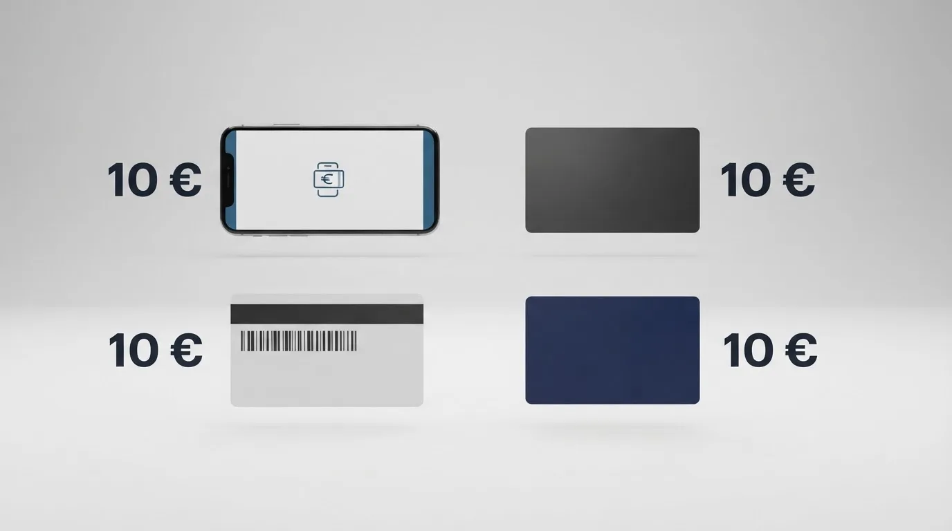 Una pantalla dividida con los iconos de Bizum, PayPal, Paysafecard y una tarjeta bancaria, cada uno con el importe de 10 euros junto al logotipo