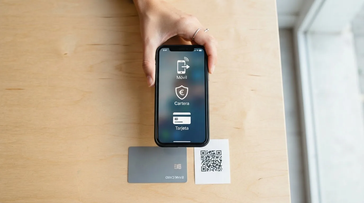 Una mano sosteniendo un teléfono con los logos de Bizum, PayPal y Paysafecard en la pantalla, sobre una mesa con una tarjeta bancaria y un código QR impreso