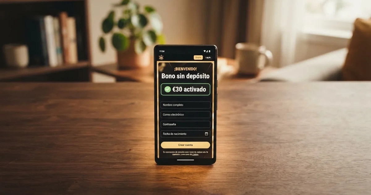 Un teléfono móvil mostrando la pantalla de registro de un casino online español con la notificación de un bono sin depósito activado